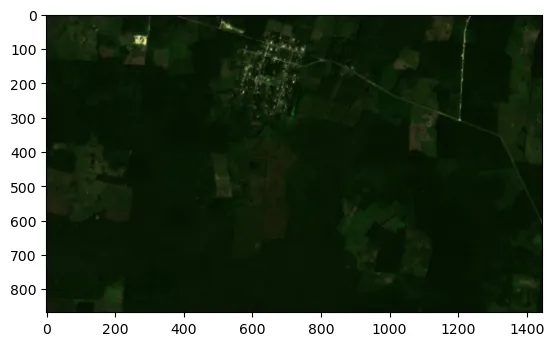 True-color composite of the 8-band scene showing fields, a small town, and a road, rendered from the red, green, and blue bands.
