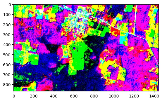 False-color composite of the first three principal components of the scene, with fields and the town in contrasting hues.