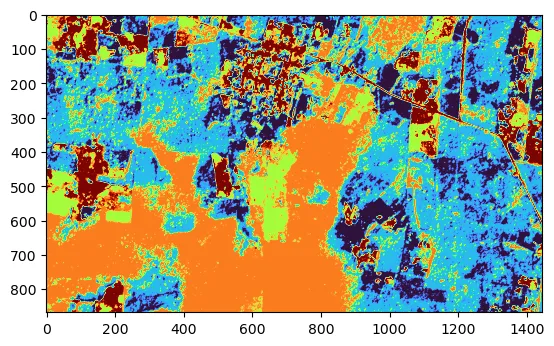 K-means classification of the three PCA bands into five classes over the scene, colored with the turbo colormap.