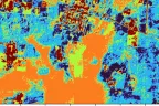 Five-class K-means map of a farmed landscape in orange, blue, green, and dark purple, with a road cutting diagonally across the upper right.