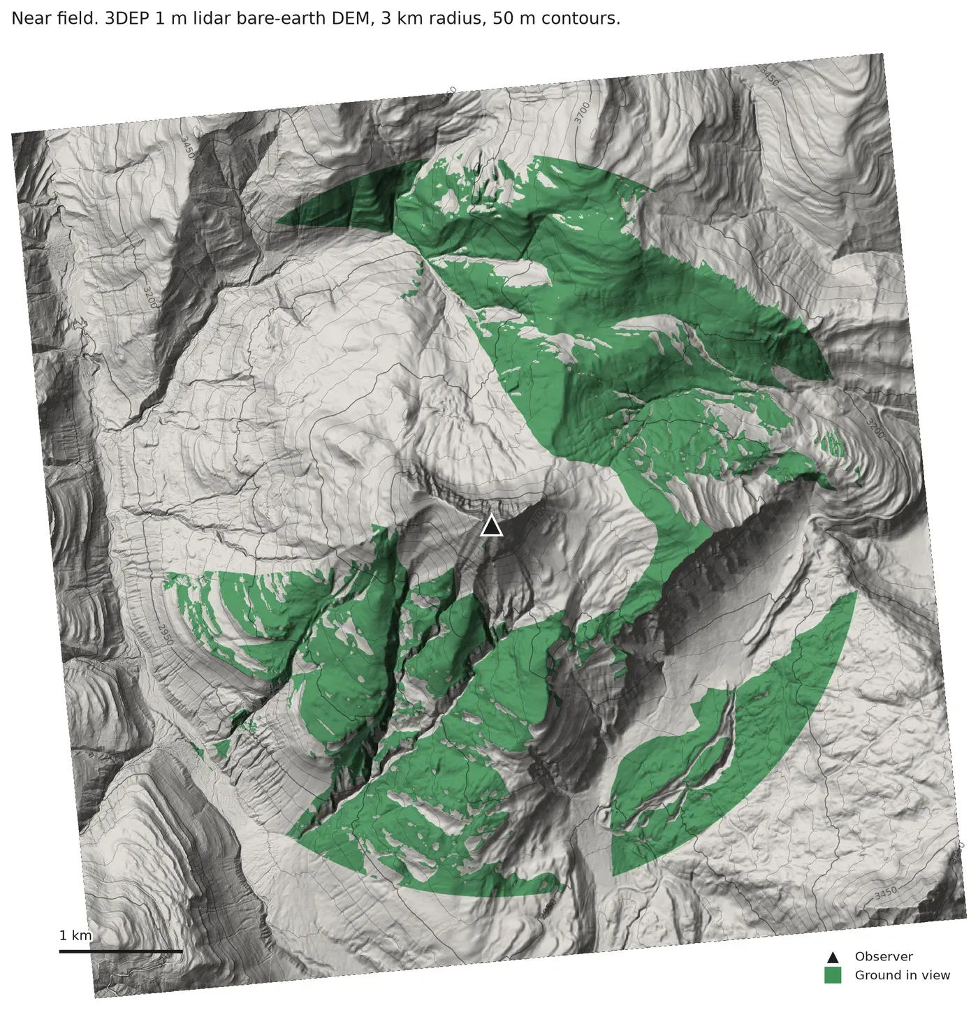 Near-field viewshed from the Engineer Mountain summit on the 1 m lidar bare-earth DEM, 3 km radius, ground in view tinted green over a hillshade with 50 m contours.