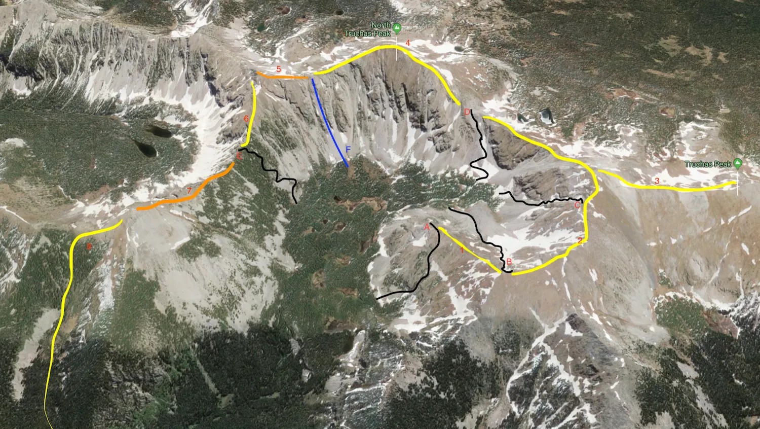 Oblique satellite view of the Quemado Cirque with the ridge route drawn in yellow and orange and numbered 1 to 8, ascent routes A to E in black, descent F in blue, and North Truchas Peak and Truchas Peak labeled.